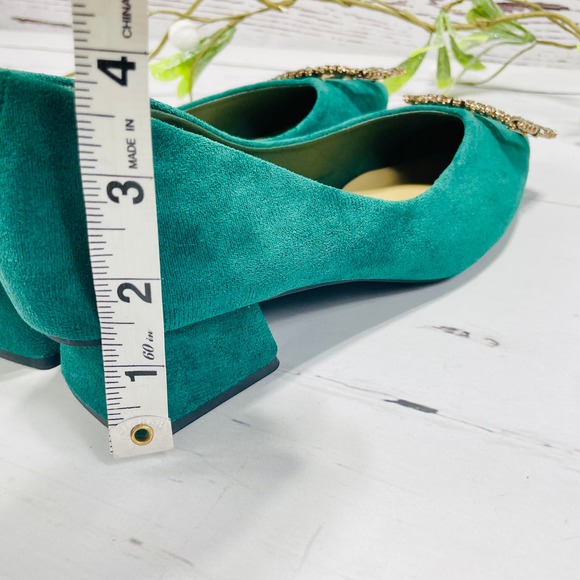 NEW C Paravano Hunter Green Block Heel Pointed Toe Flats with Embellished Buckle - Picture 11 of 12